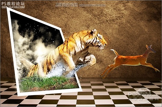本实例是以老虎逐鹿为主题设计的一幅图像合成作品,在作品中鹿逃出
