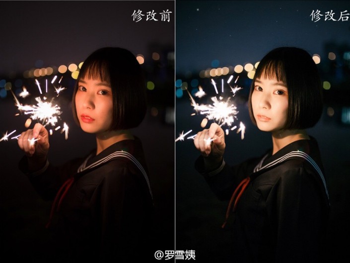 夜景调色，调拿着烟花的少女夜景照片实例_www.xiutujiang.com