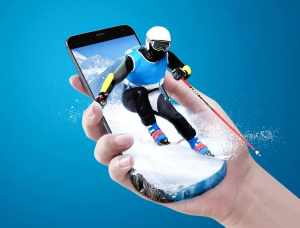 出屏效果，制作一张创意残奥会滑雪运动员冲出手机画面