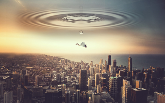 科幻合成，制作一张穿越天空的人物降落城市的科幻画面_www.16xx8.com
