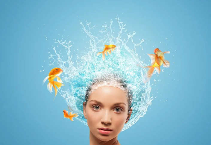 创意合成，PS给人物头发加上极度清爽的金鱼游泳效果_www.16xx8.com