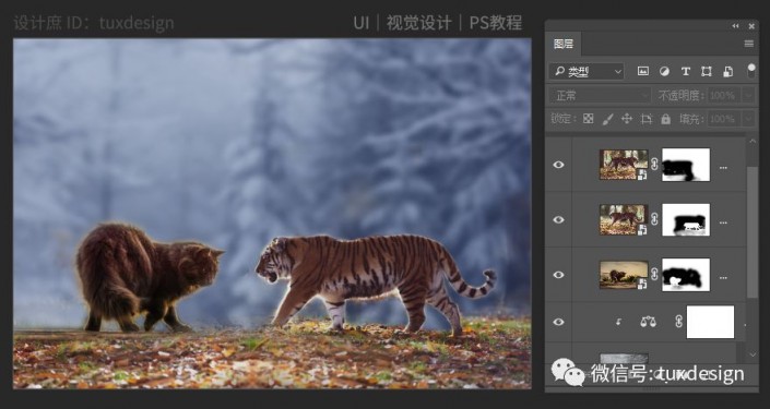创意合成，通过Photoshop合成一幅猫虎大战一触即发的场面