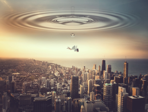 科幻合成，制作一张穿越天空的人物降落城市的科幻画面
