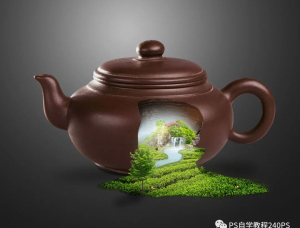 创意场景，合成紫砂壶中的生态茶山世界