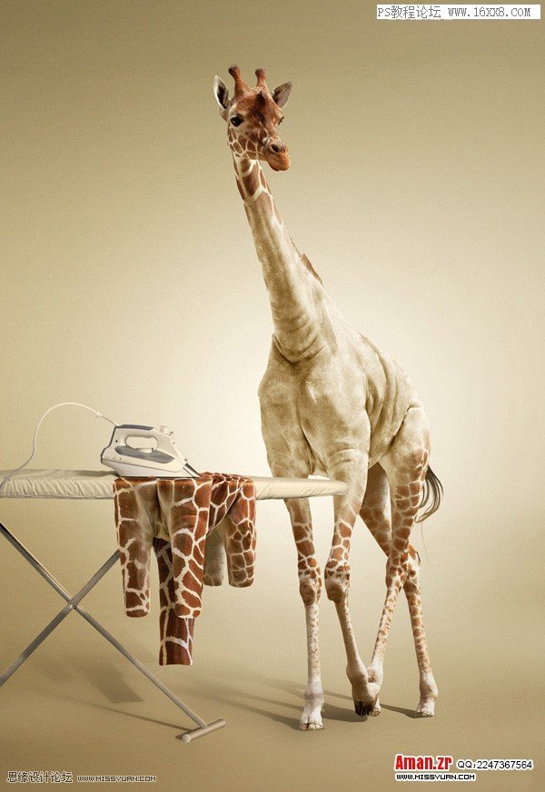 创意合成，通过Photoshop制作一幅创意的长颈鹿熨衣服的创意图片